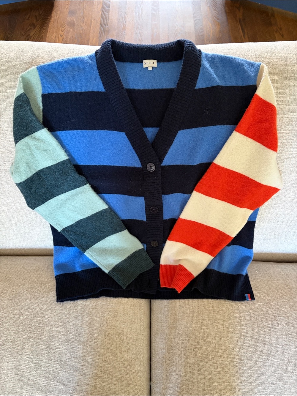 KULE Women’s Navy, Blue, Mint, Teal, Red & Cream Striped V-Neck Cardigan